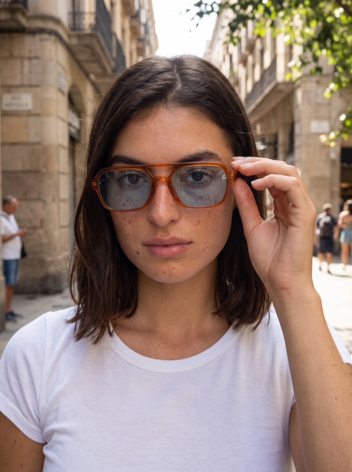 Imagen generada: una modelo que no existe lleva puestas las mismas gafas en una calle